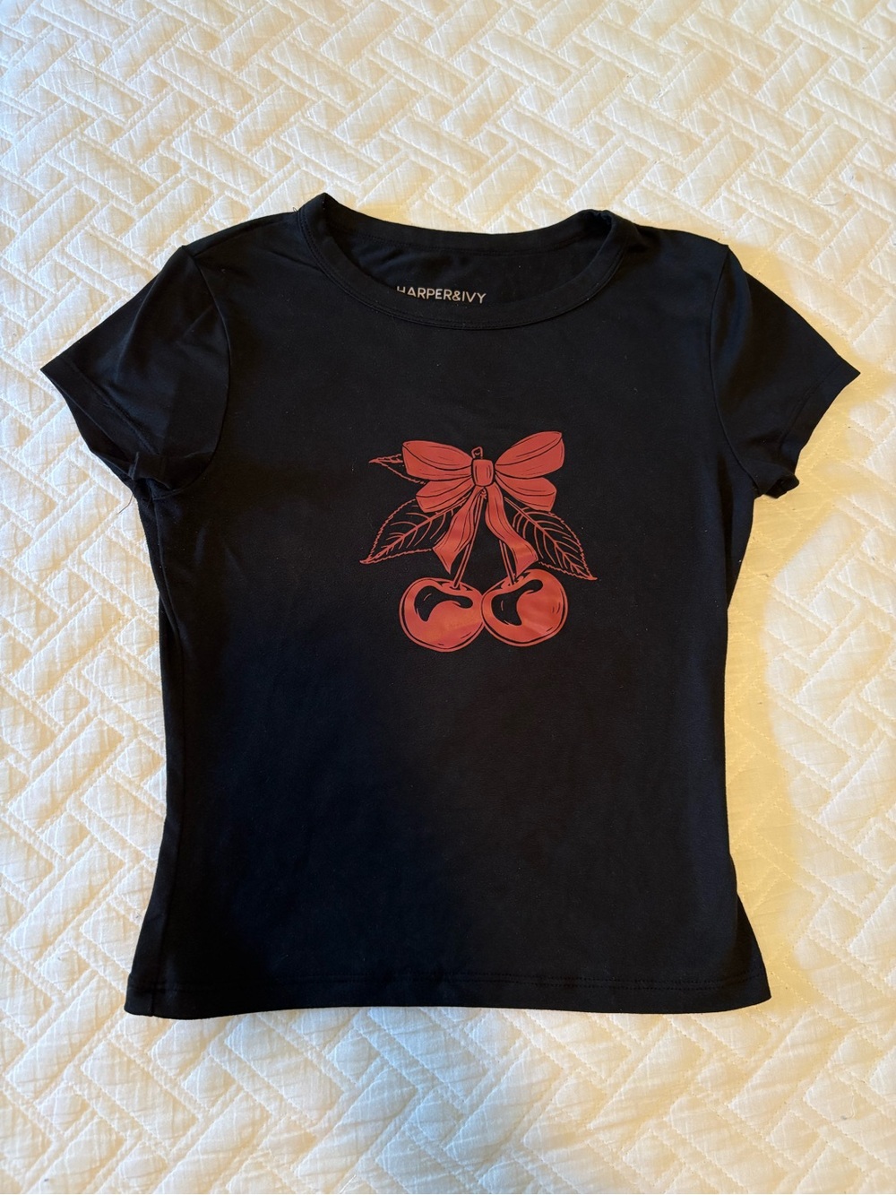 Harper Black Tee with Red Cherry Bow Graphic